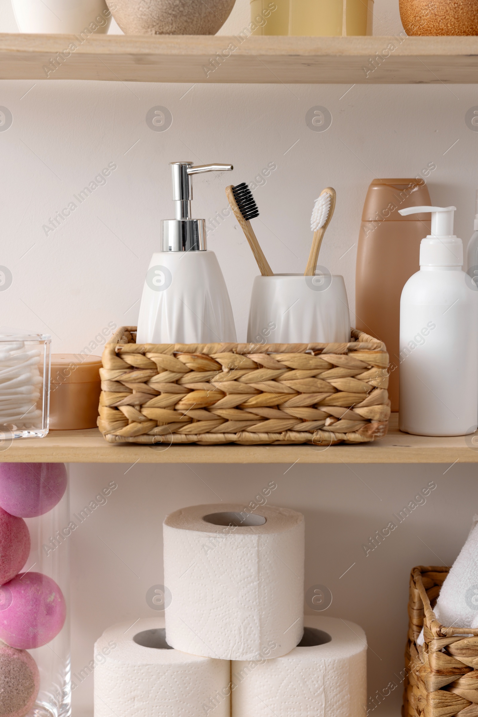 Photo of Different bath accessories and personal care products indoors