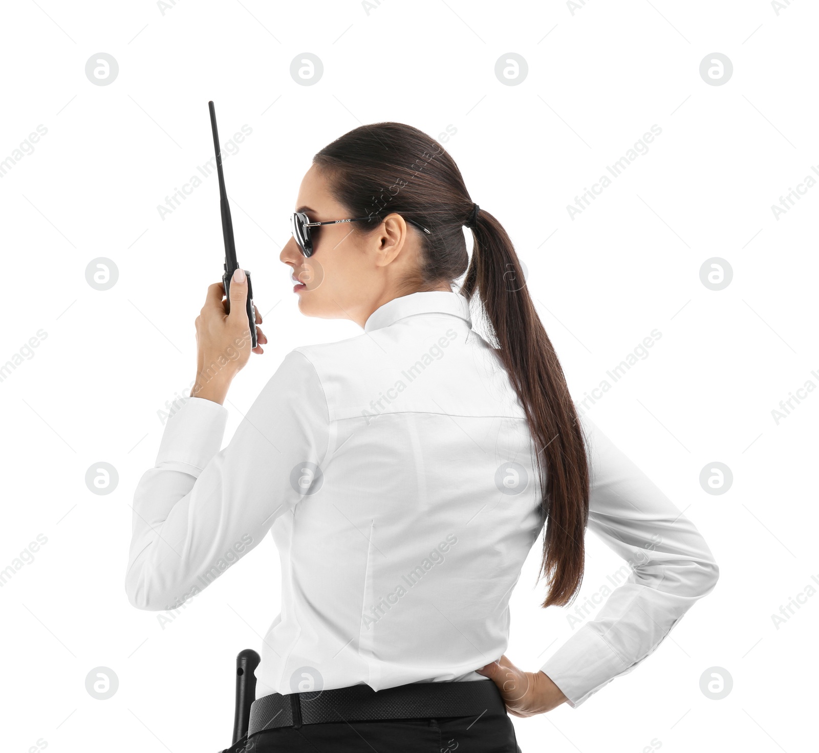 Photo of Female security guard using portable radio transmitter on white background