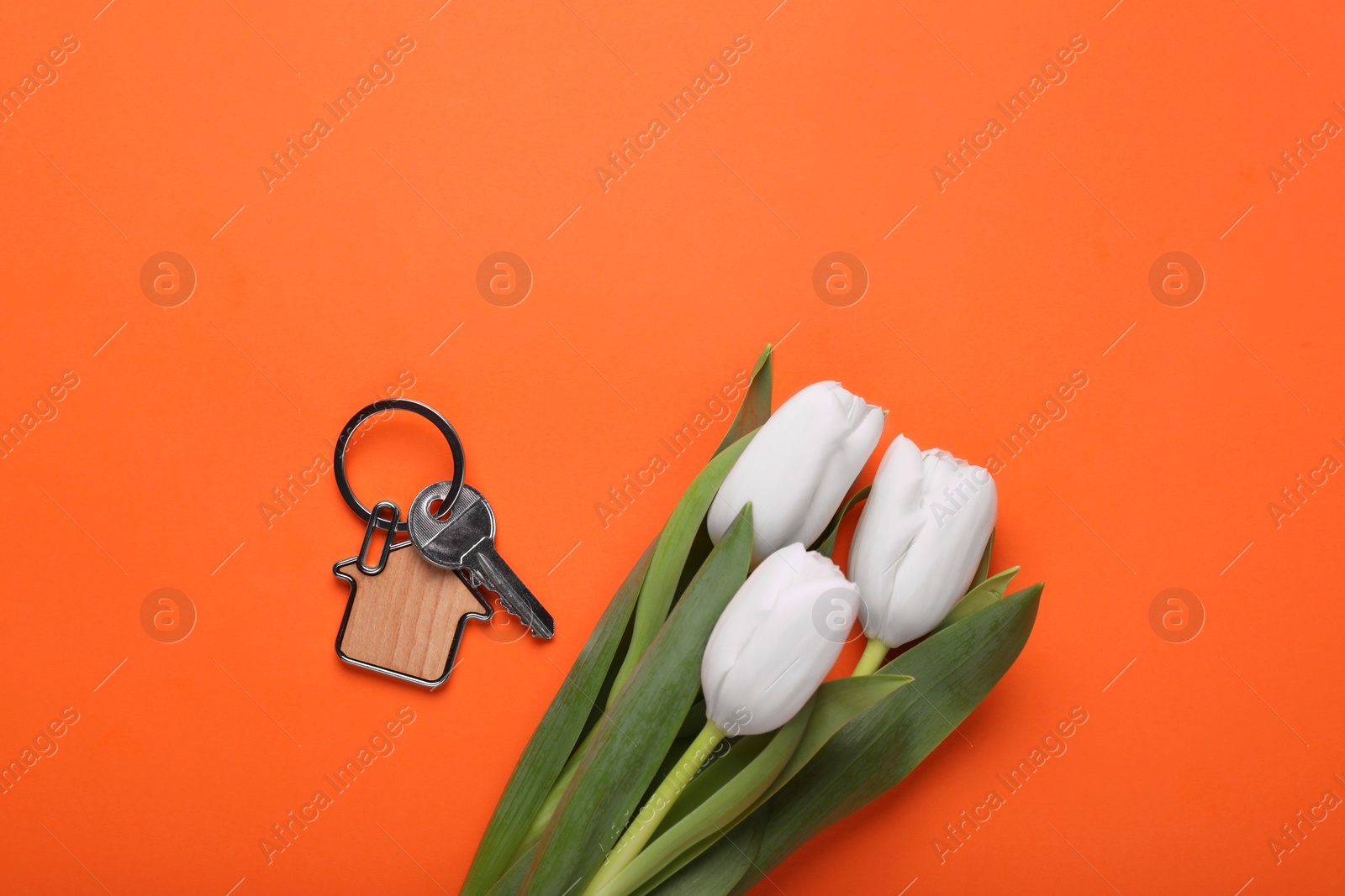 Photo of Beautiful spring flowers and key with trinket in shape of house on orange background, flat lay