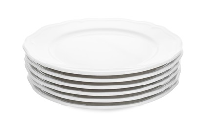 Photo of Stack of ceramic plates on white background