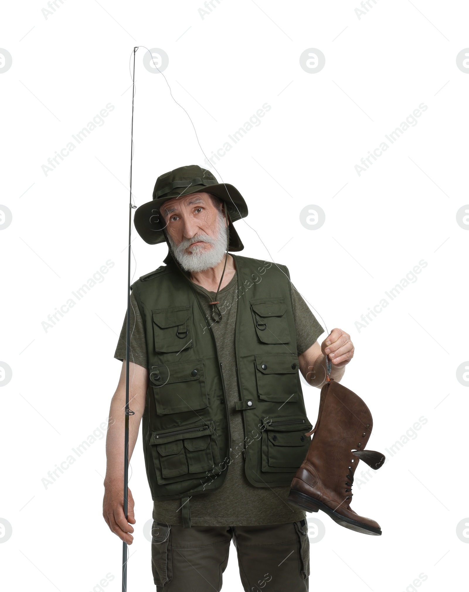 Photo of Fisherman with rod and old boot isolated on white