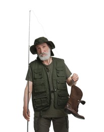 Photo of Fisherman with rod and old boot isolated on white