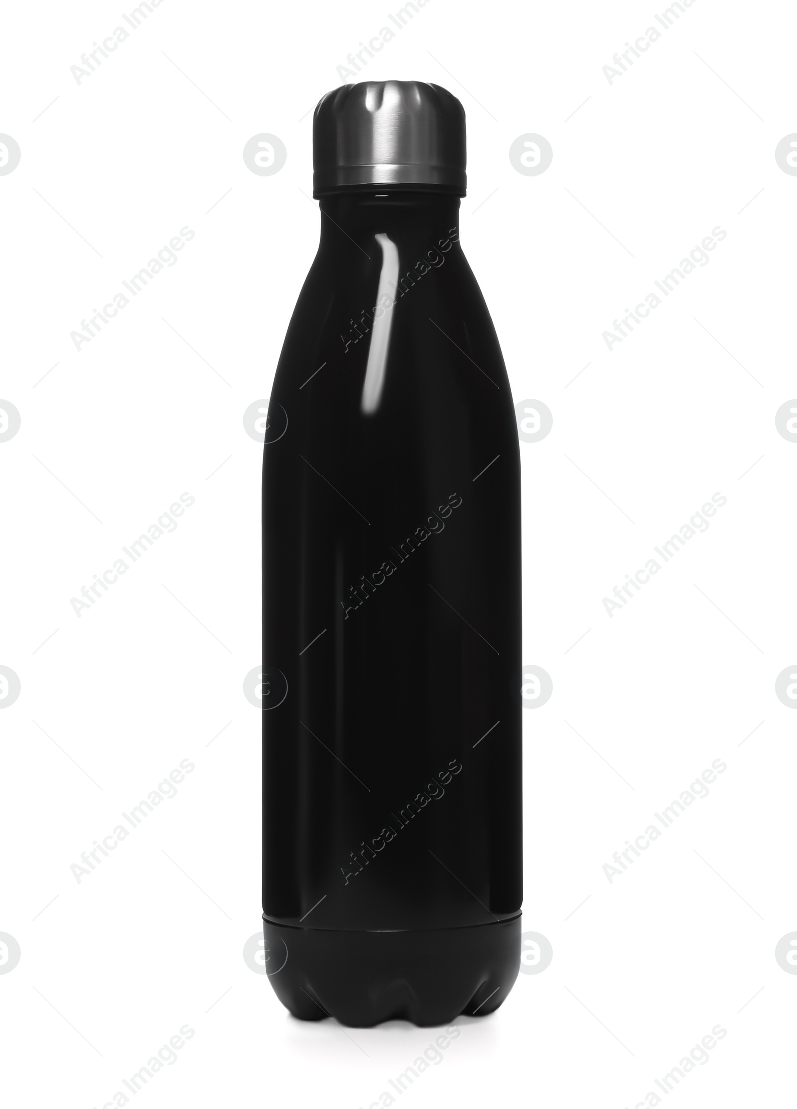 Photo of Modern closed black thermo bottle isolated on white