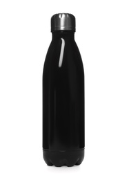 Photo of Modern closed black thermo bottle isolated on white