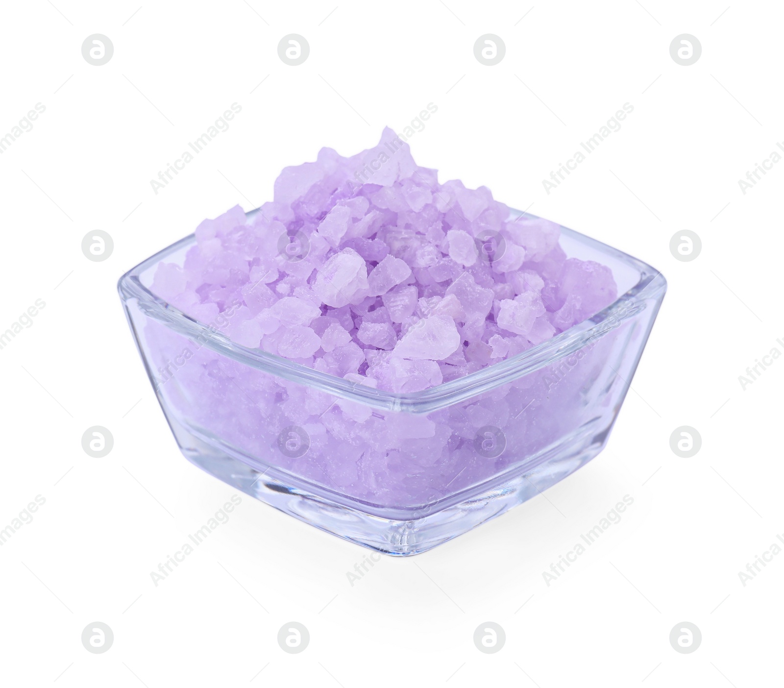 Photo of Glass bowl with violet sea salt isolated on white