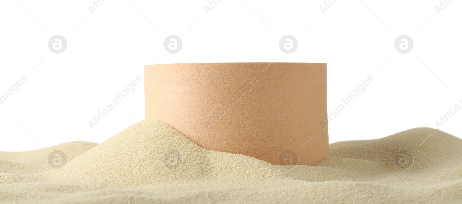 Photo of Presentation of product. Beige podium on sand against white background