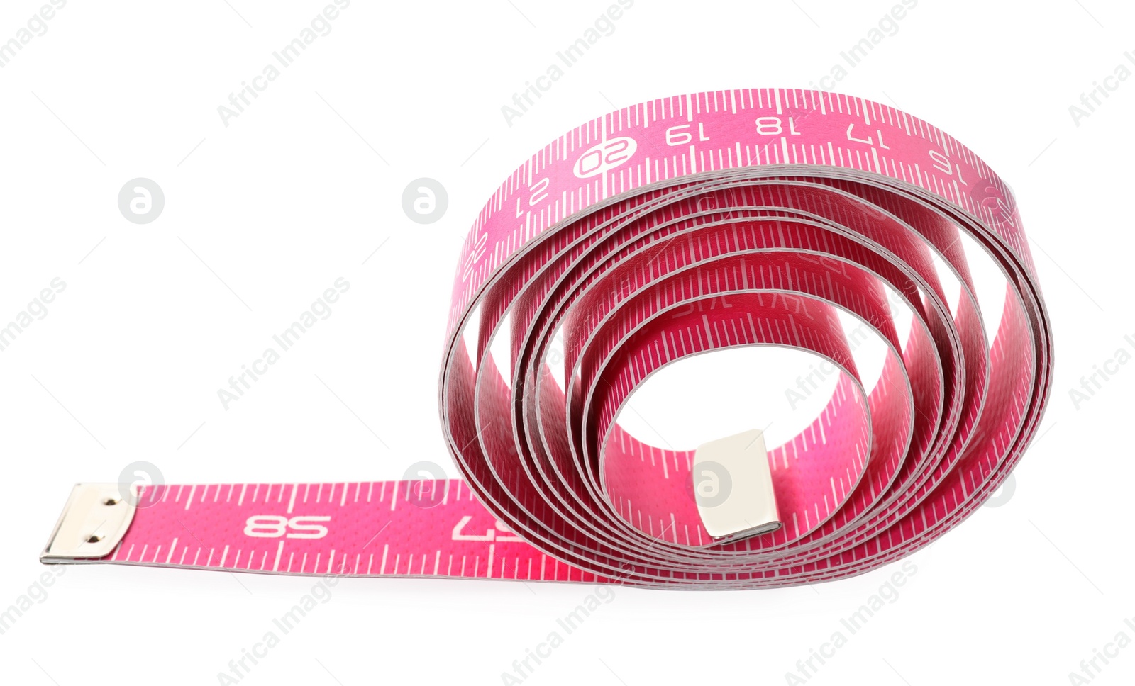 Photo of New pink measuring tape isolated on white