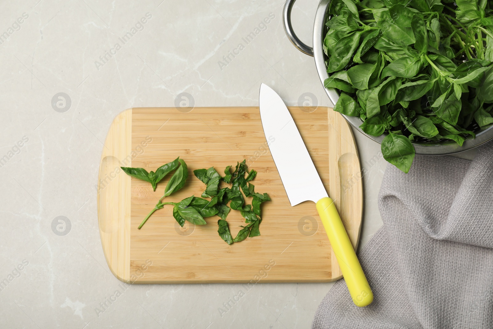 Photo of Flat lay composition with basil leaves on grey background