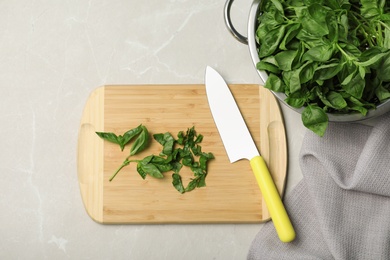 Photo of Flat lay composition with basil leaves on grey background