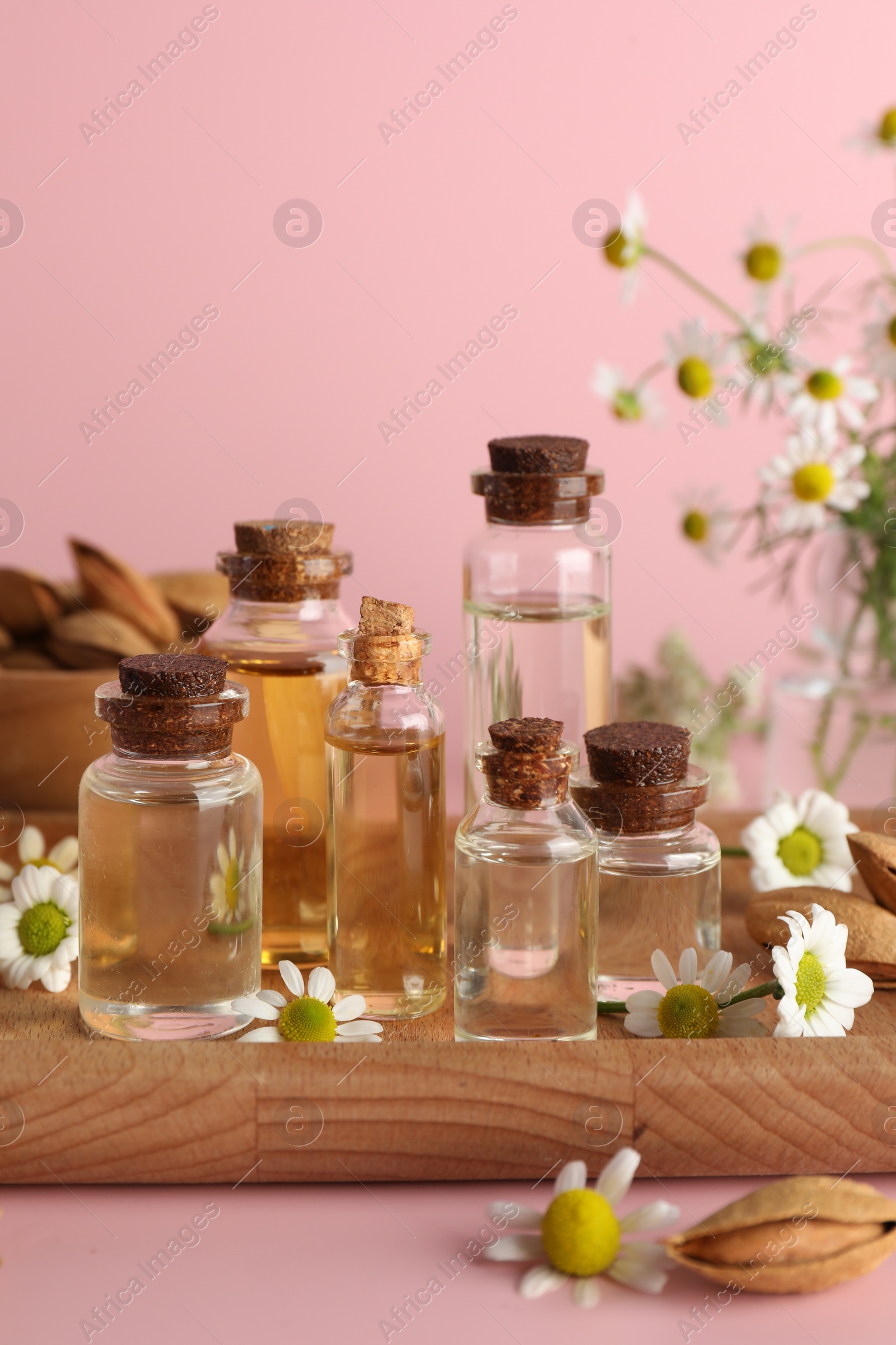 Photo of Aromatherapy. Different essential oils, flowers and almonds on pink background