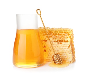 Composition with fresh honey on white background