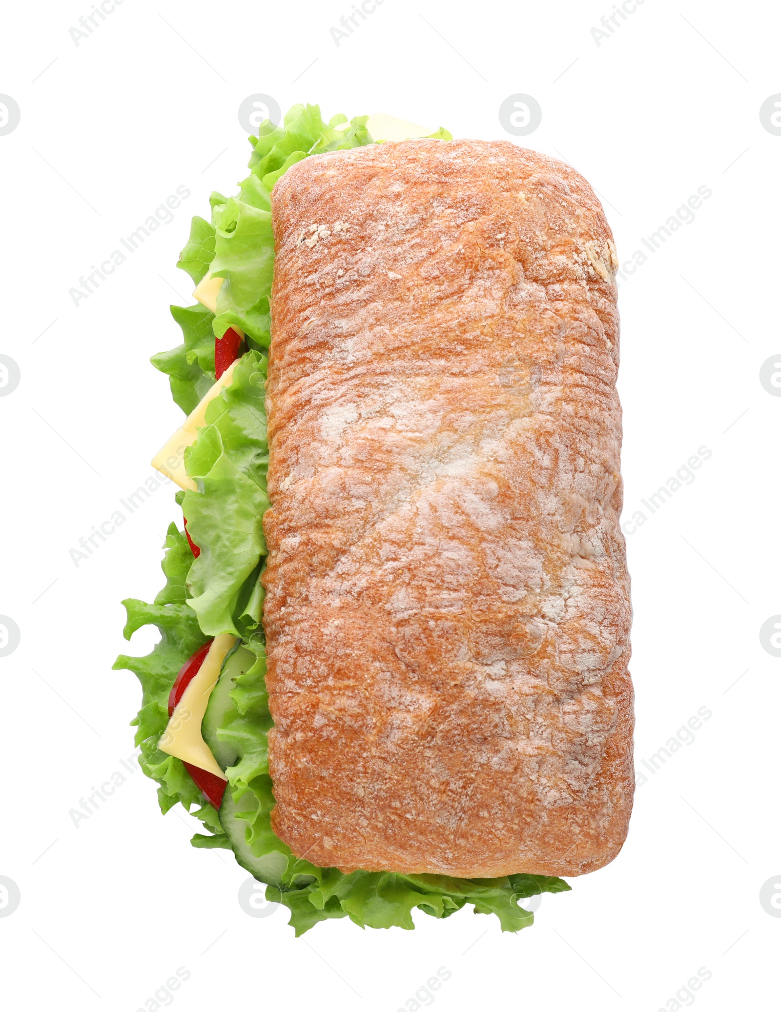 Photo of Delicious sandwich with fresh vegetables and cheese isolated on white, top view
