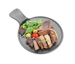 Photo of Delicious grilled beef meat, vegetables and greens isolated on white