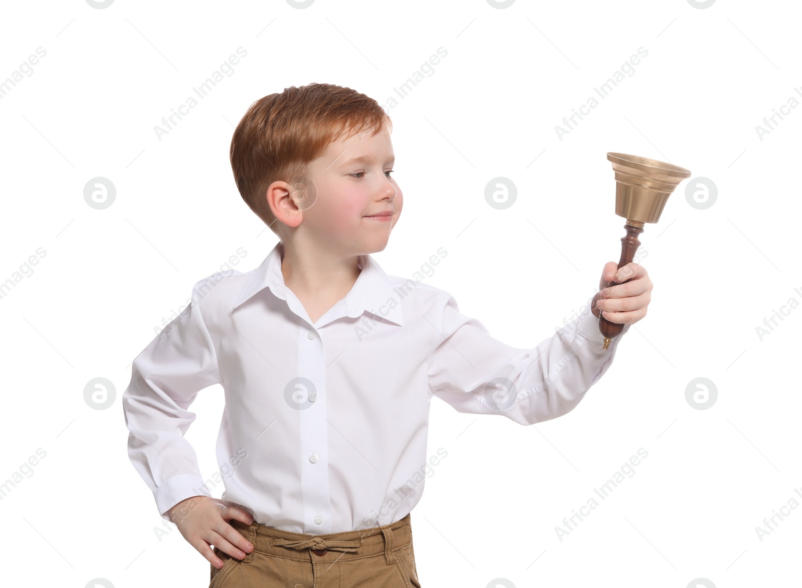 Photo of Pupil with school bell on white background