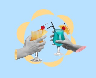 Image of Friends holding cocktails on light blue background. Creative art design