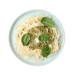 Photo of Tasty pasta with spinach, cheese and sauce isolated on white, top view