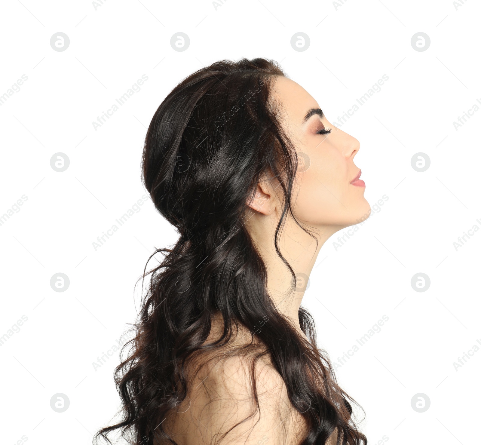 Photo of Portrait of beautiful woman with long hair on white background