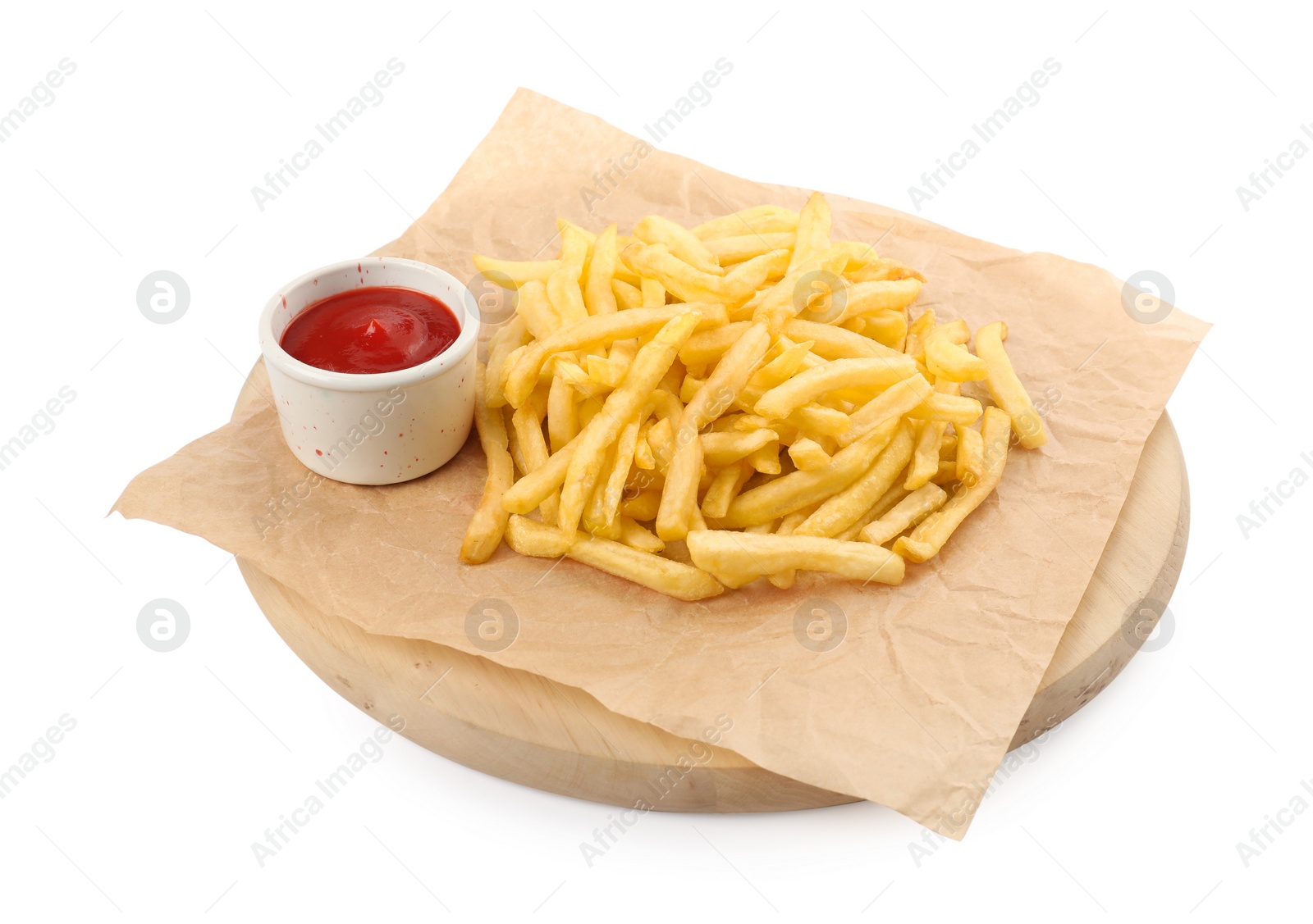 Photo of Tasty french fries with ketchup isolated on white