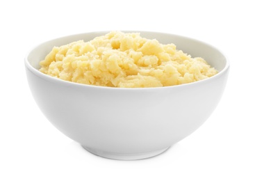 Bowl with mashed potatoes on white background