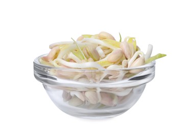 Photo of Mung bean sprouts in glass bowl isolated on white