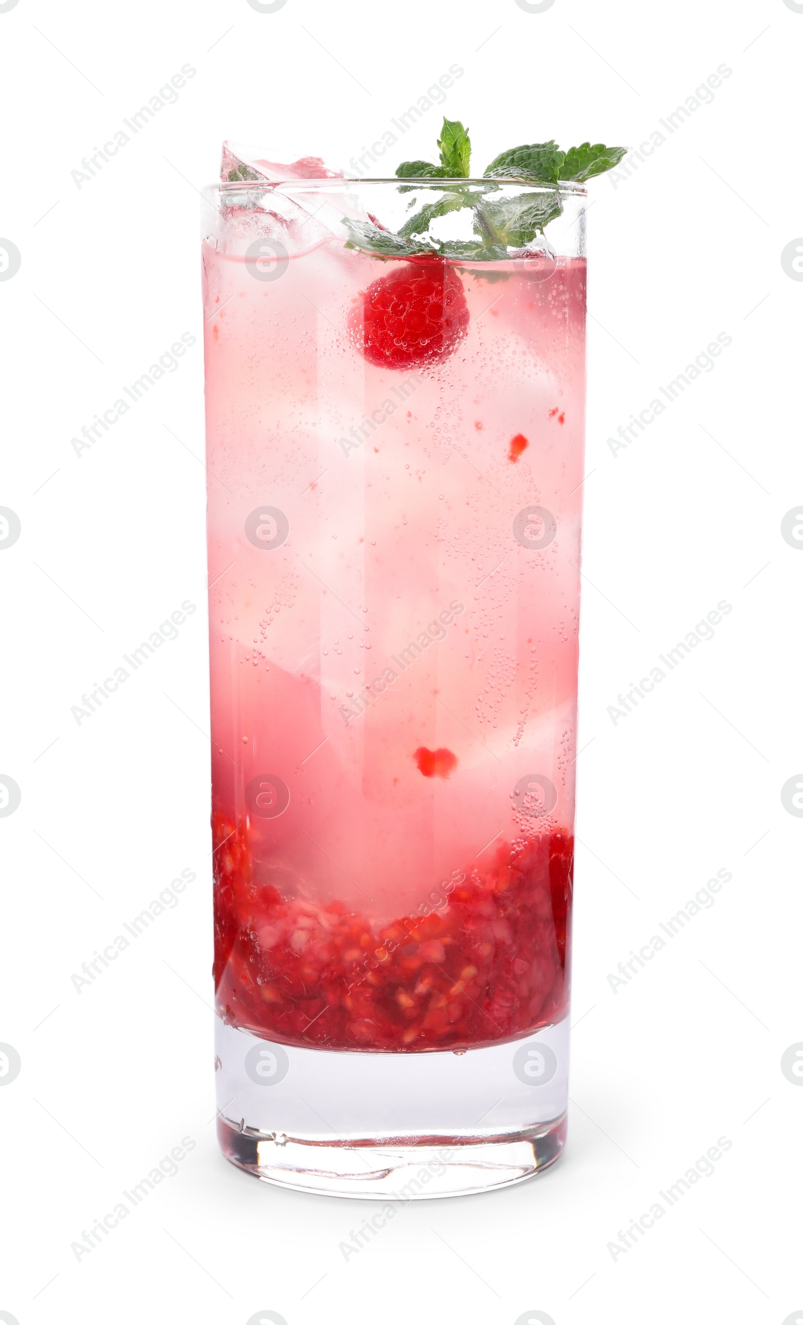 Photo of Glass of raspberry refreshing drink with ice cubes and mint on white background