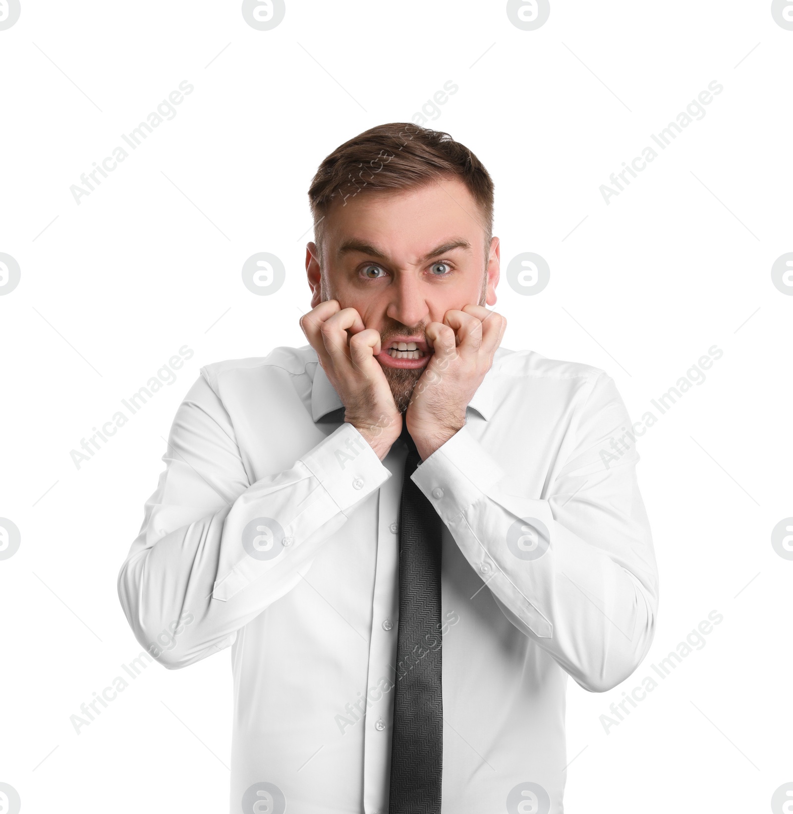 Photo of Portrait of emotional businessman on white background. Personality concept