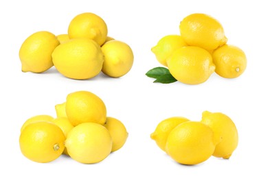 Image of Set with fresh ripe lemons on white background