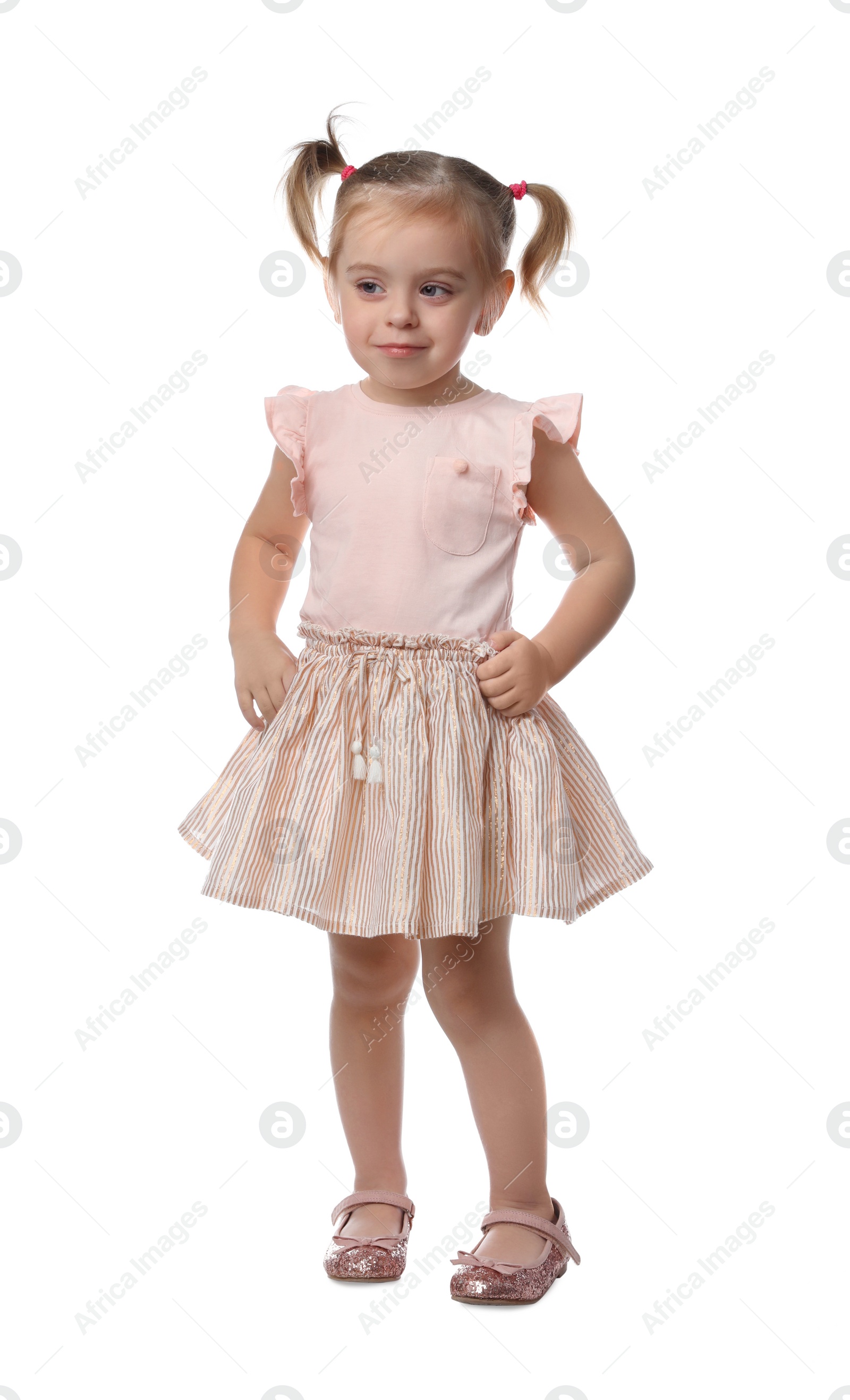 Photo of Little girl in cute clothes on white background