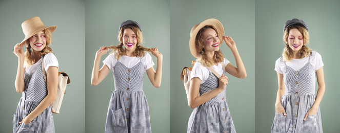 Collage of beautiful young woman posing on color background. Banner design 