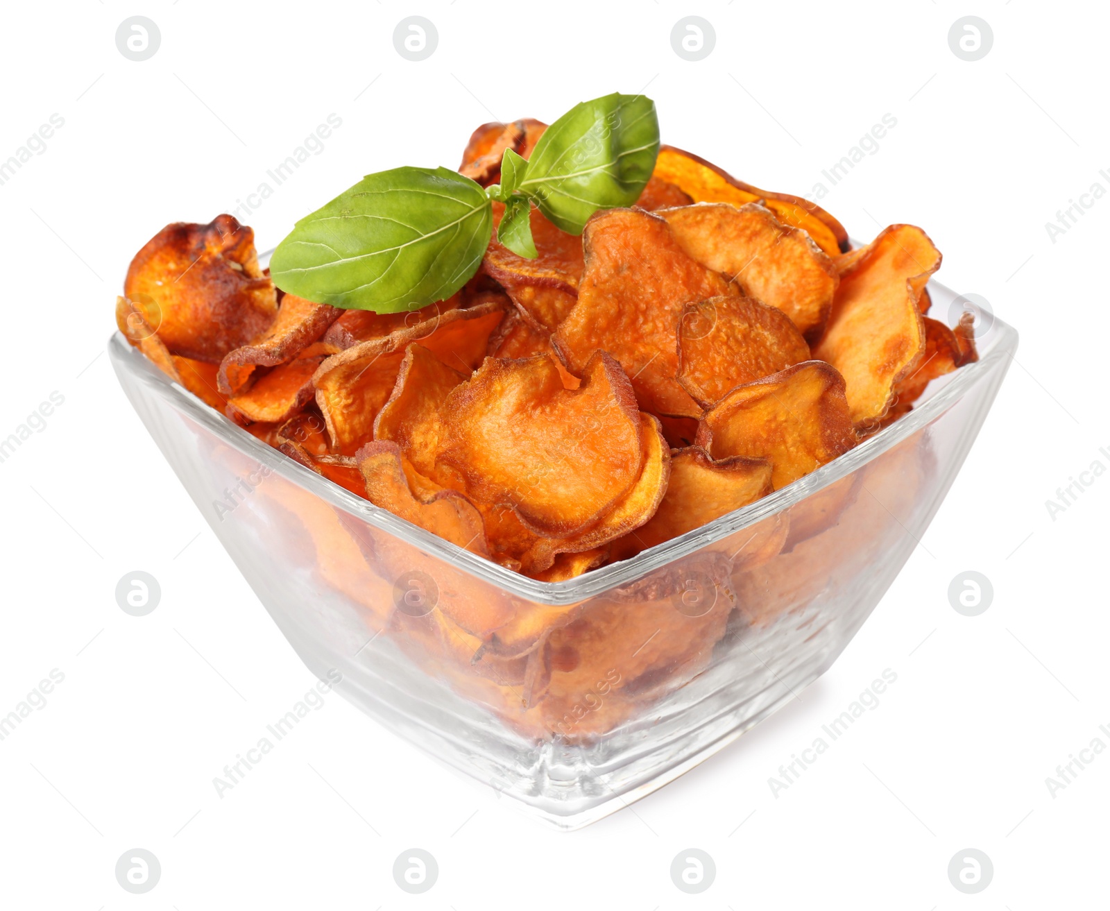 Photo of Bowl of sweet potato chips with basil isolated on white