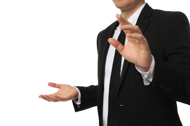 Photo of Businessman touching something on white background, closeup