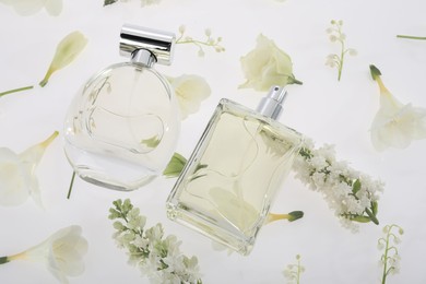 Luxury perfumes on spring floral decor, above view