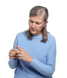 Photo of Arthritis symptoms. Woman suffering from pain in fingers on white background