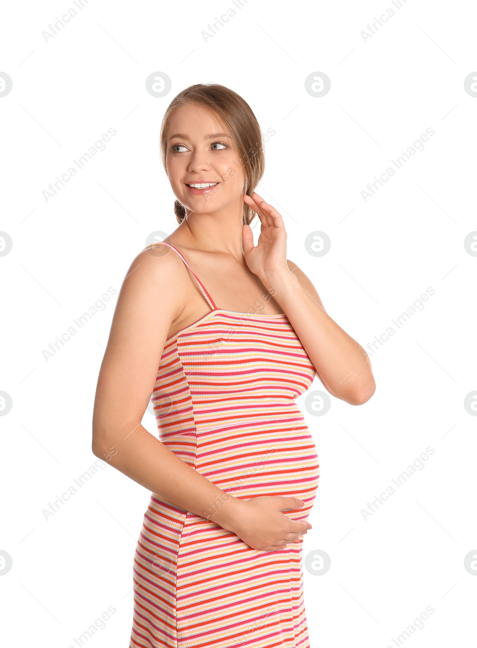 Photo of Happy pregnant woman touching her belly on white background