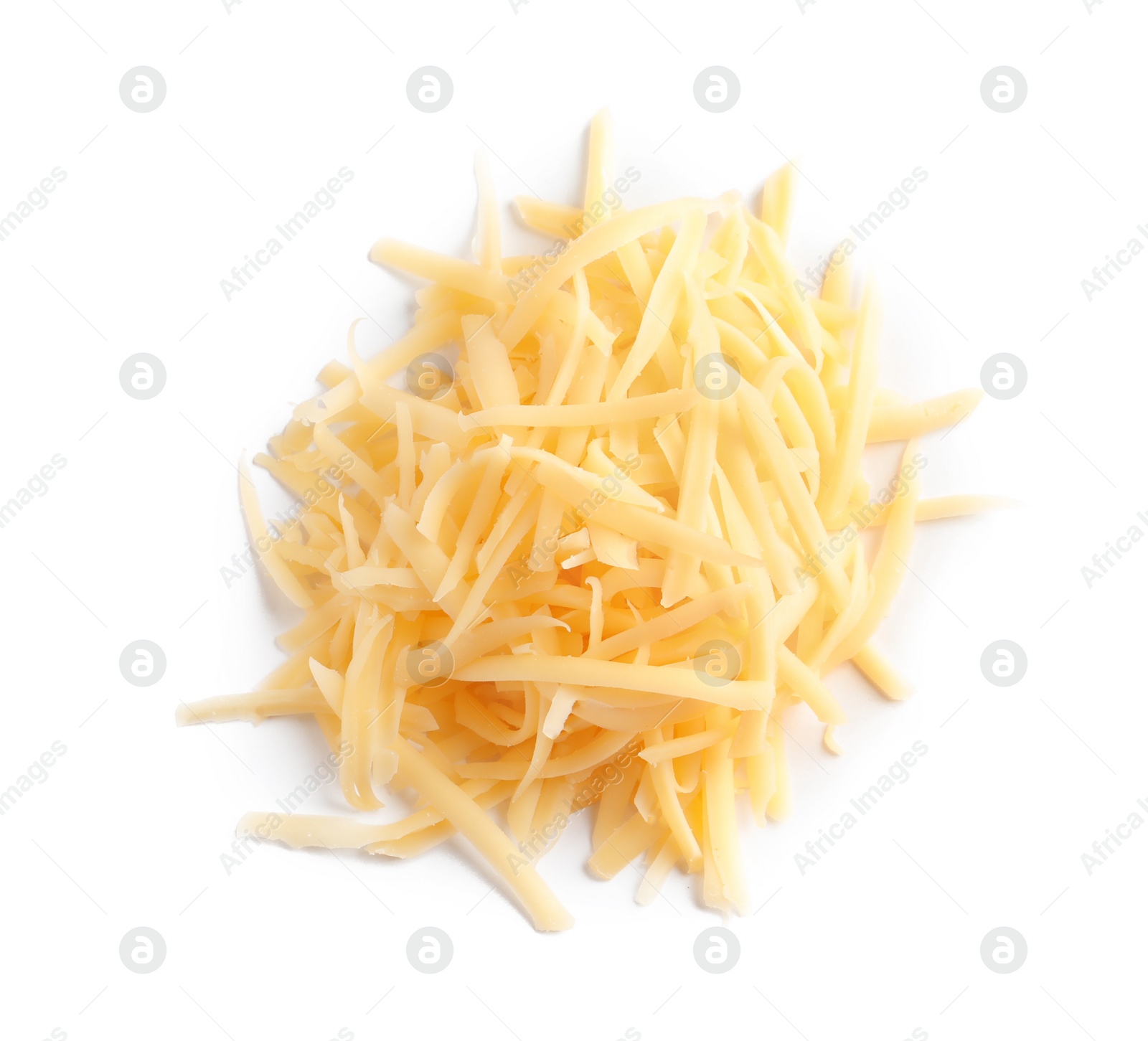 Photo of Heap of grated delicious cheese on white background