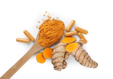 Spoon with aromatic turmeric powder, pills and raw roots isolated on white, top view