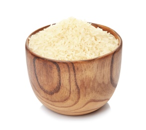 Photo of Bowl with uncooked rice on white background