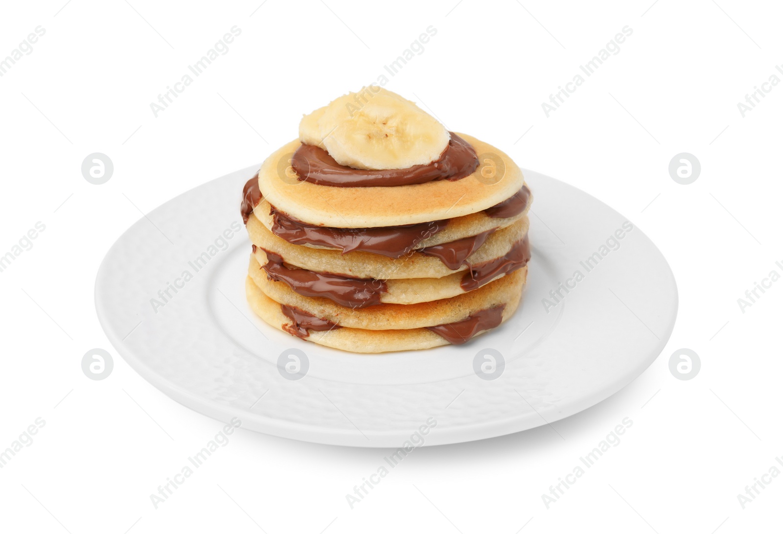 Photo of Stack of tasty pancakes with chocolate spread and banana slices isolated on white