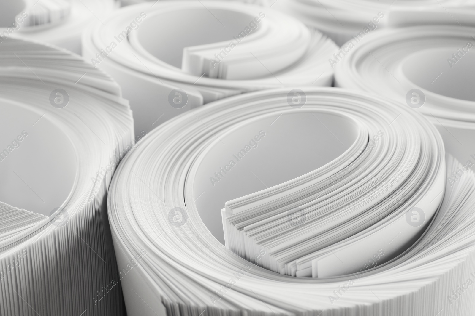 Photo of Rolled white paper sheets as background, closeup