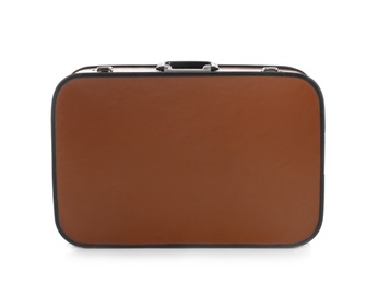 Photo of Classic brown suitcase on white background