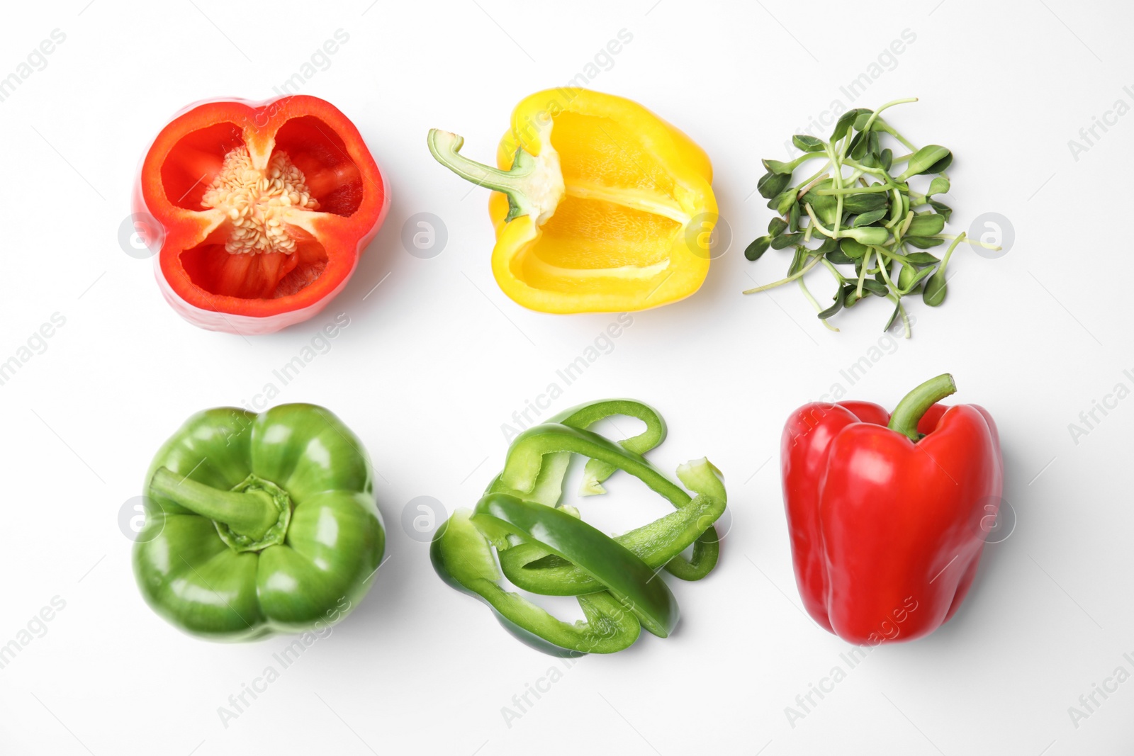 Photo of Flat lay composition with raw ripe paprika peppers on white background