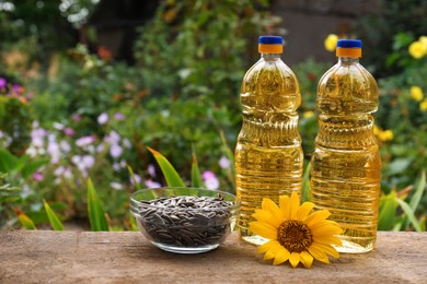 Bottles of cooking oil with sunflower and seeds on wooden table outdoors. Space for text