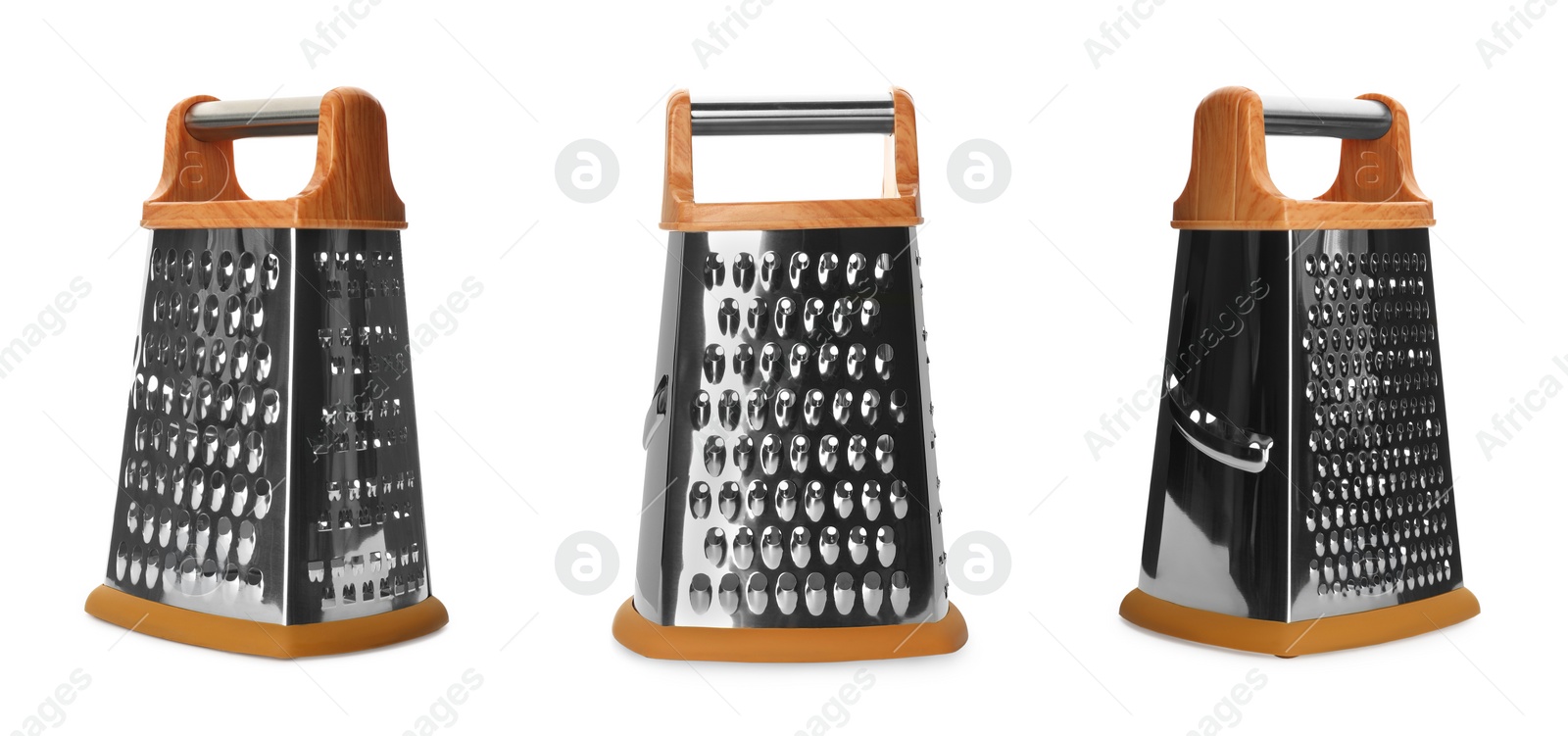 Image of Stainless steel graters on white background, collage. Banner design 