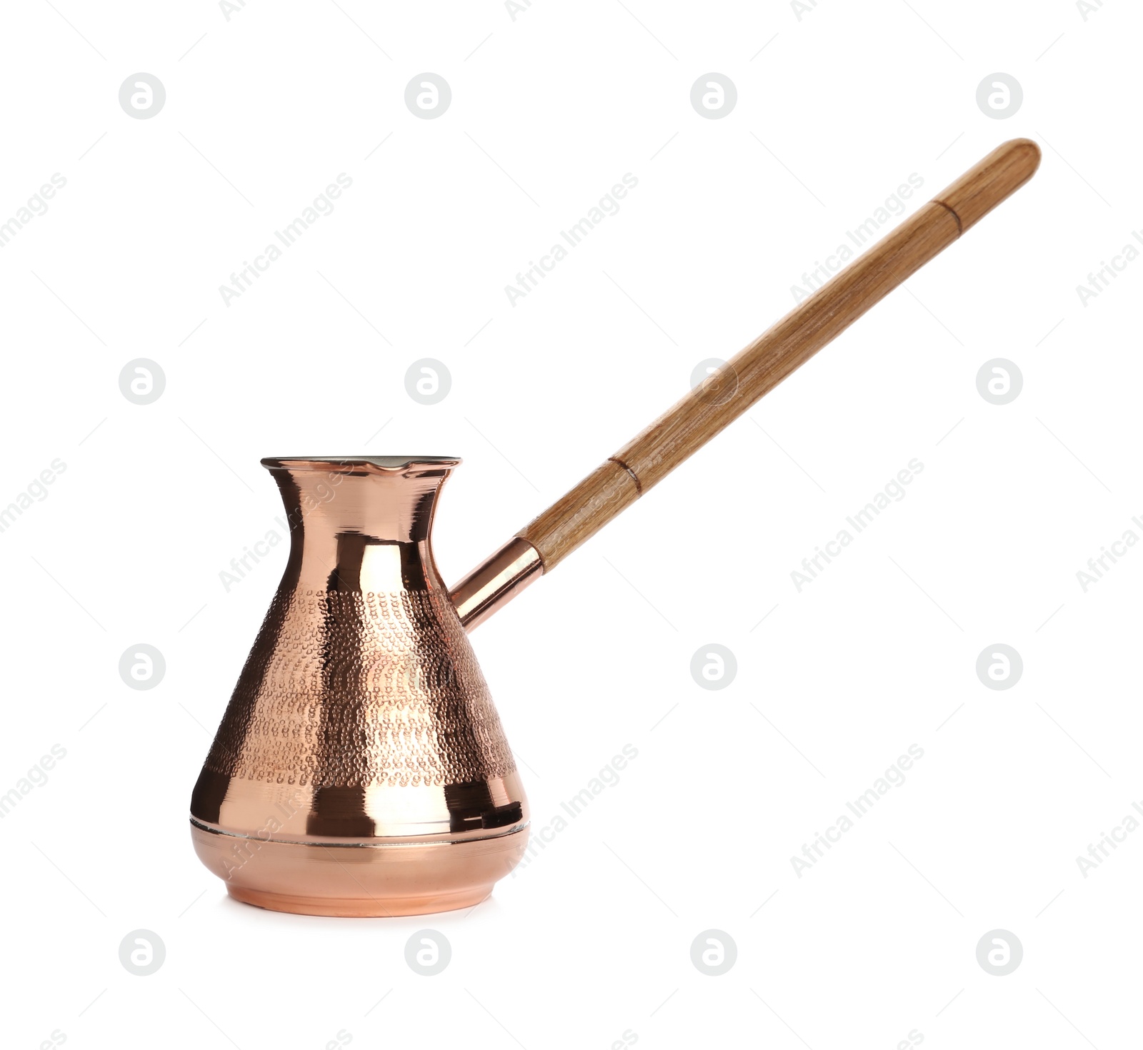 Photo of Beautiful copper turkish coffee pot with wooden handle isolated on white