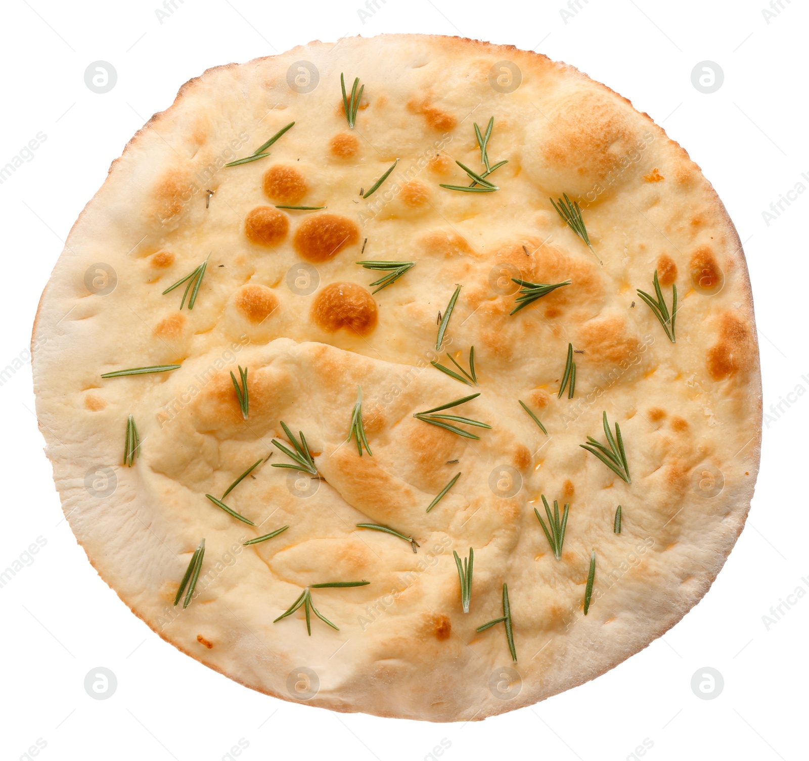 Photo of Traditional Italian focaccia bread with rosemary isolated on white, top view