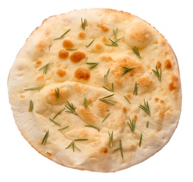 Photo of Traditional Italian focaccia bread with rosemary isolated on white, top view