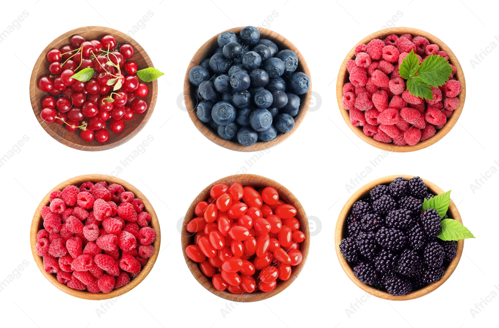 Image of Set of bowls with different fresh berries on white background, top view