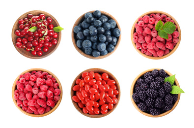 Image of Set of bowls with different fresh berries on white background, top view