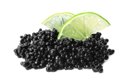 Photo of Black caviar and lime slices on white background
