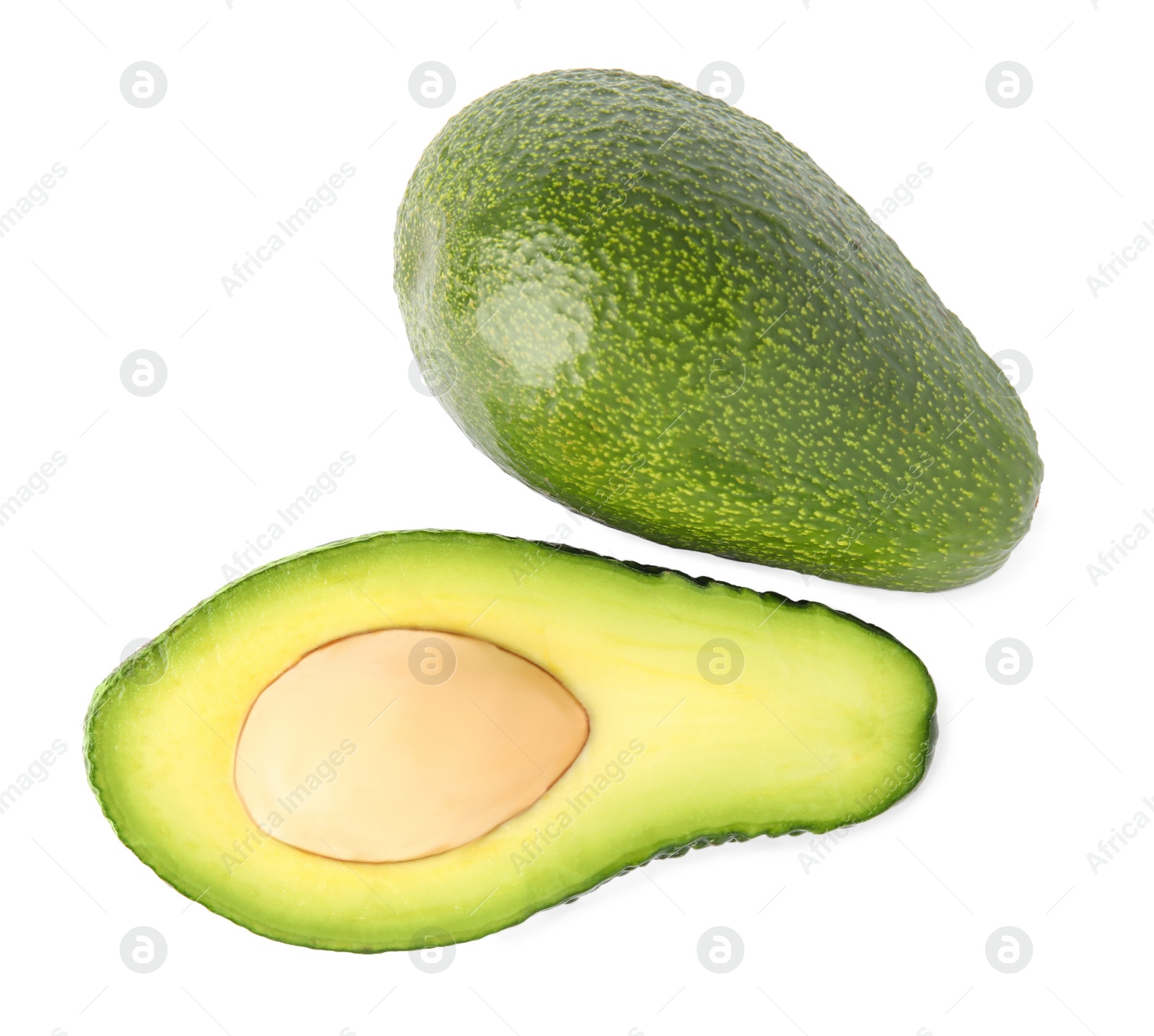 Photo of Tasty ripe avocados on white background, top view. Tropical fruit